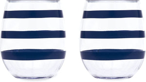 Navy Stripe Stemless Wine Glass Set
